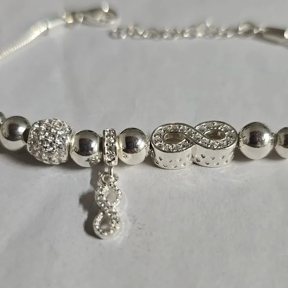 Sterling Silver Beaded Charm Bracelet Infinity Charm Design Bracelet - Picture 5 of 9